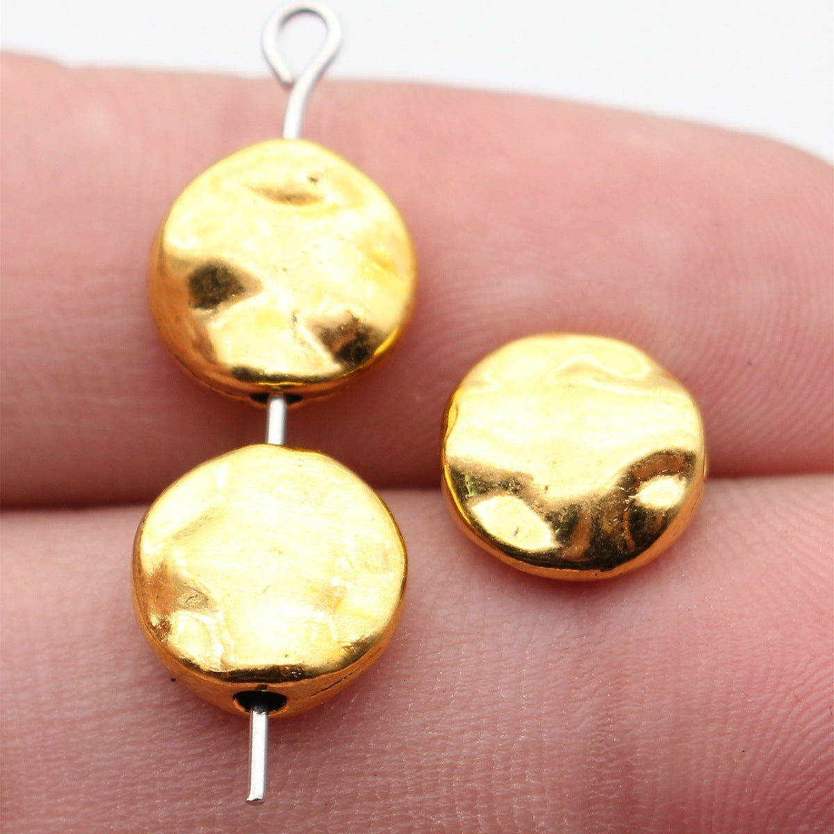 10x10x4.3mm 1.5g Antique Gold Tone Zinc Alloy Hammered Round Loose Metal Beads for Bracelet DIY Jewelry
