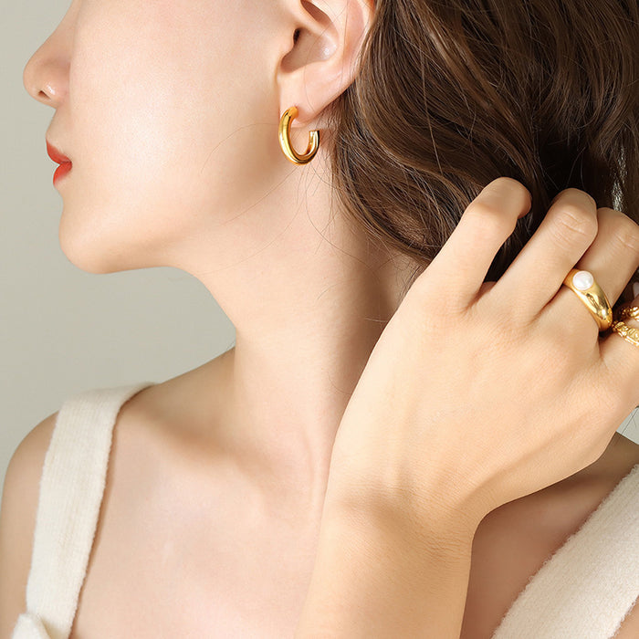 Solid Thick C Shape Hoop Earrings Gold Steel Small Large