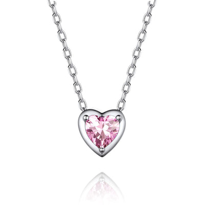 Pink heart CZ pendant silver cable chain necklace on white background