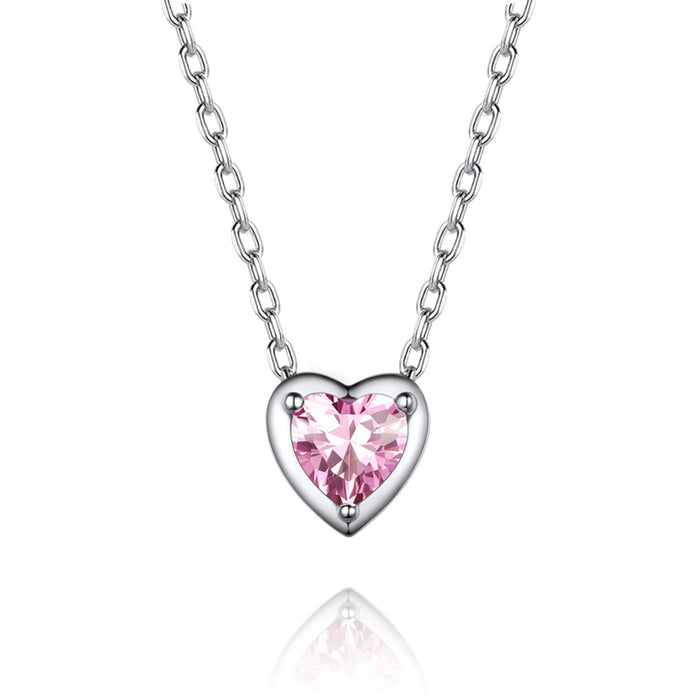 Silver Heart CZ Pendant Cable Chain Necklace Five Colors
