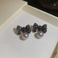 Bow Stud Earrings with Pearl Drops in Black and Silver Tones view 6