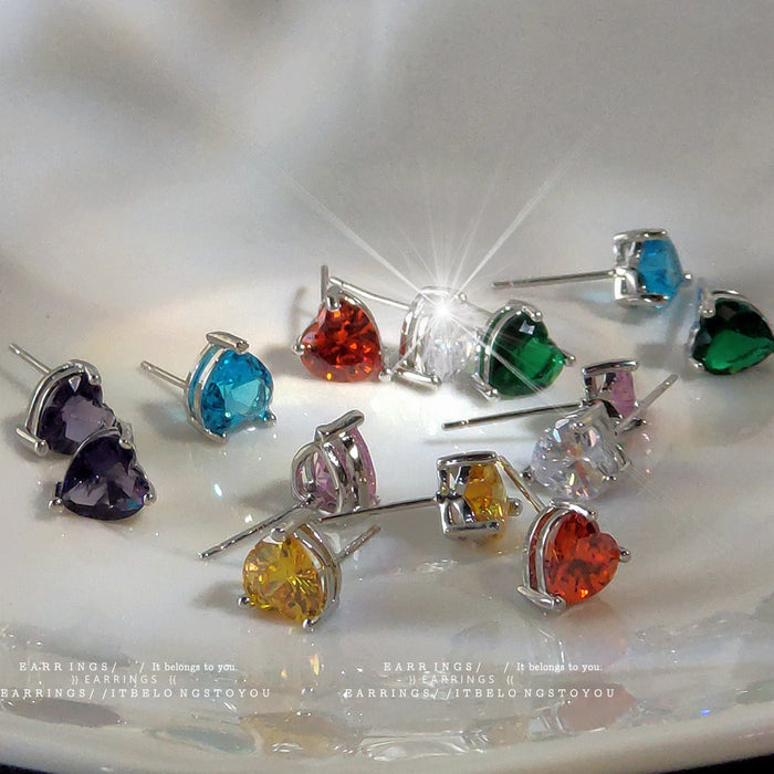 Silver Heart Crystal Stud Earrings Pink and Yellow