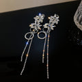 Silver Floral Double Ring Crystal Tassel Statement Earrings view 6