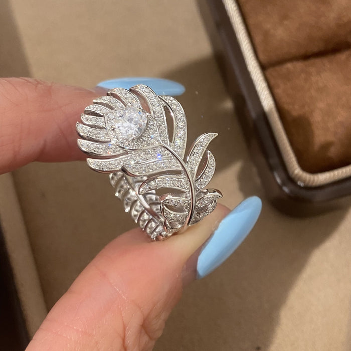 Silver Peacock Feather Crystal Open Statement Ring