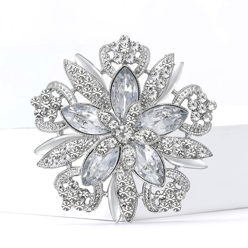 Large Layered Crystal Flower Brooch in a closer front view