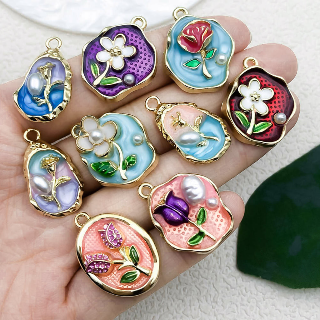 Zinc Alloy Monet Garden Oil Painting Pearl Charm Pendant for DIY Keychain Earrings Necklace