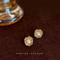 Gold Irregular Molten Frame White Pearl Stud Earrings view 2