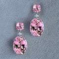 Pink Oval and Square Crystal Drop Earrings in Silver Tone view 1