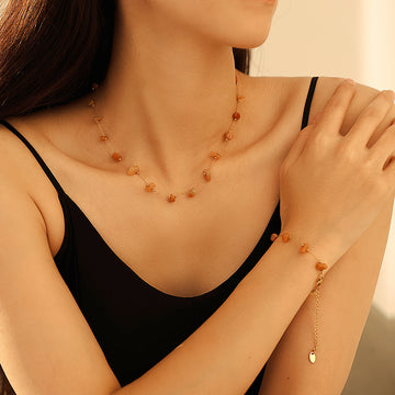 Gold Chain Orange Natural Stone Chip Necklace And Bracelet