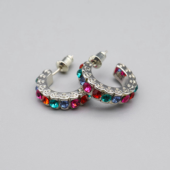 Rainbow Crystal Half Hoop Stud Earrings in Silver Tone