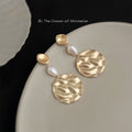 Gold Hammered Disc Drop Earrings White Baroque Pearl view 3