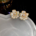 Gold Tone Crystal Flower Pearl Tassel Stud Earrings view 6