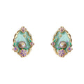 Mint Green Enamel Pearl Floral Stud Earrings Gold Frame view 5