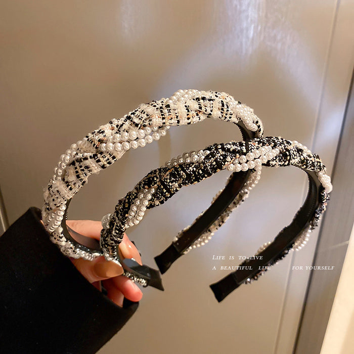 Black Tweed Braided Headband With Pearl Like Bead Strands
