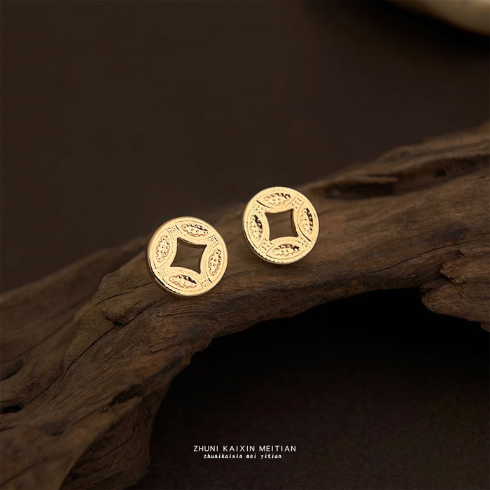 Gold Chinese Coin Stud Earrings Square Center Hole Pair