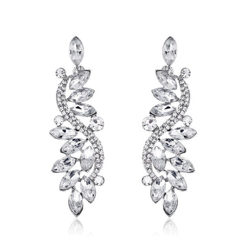 Silver Tone Crystal Leaf Sweep Tassel Crystal Metal Dangle Earrings