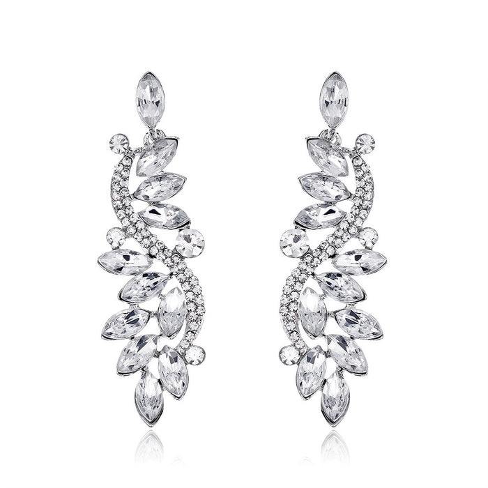 Silver Tone Crystal Leaf Sweep Tassel Crystal Metal Dangle Earrings