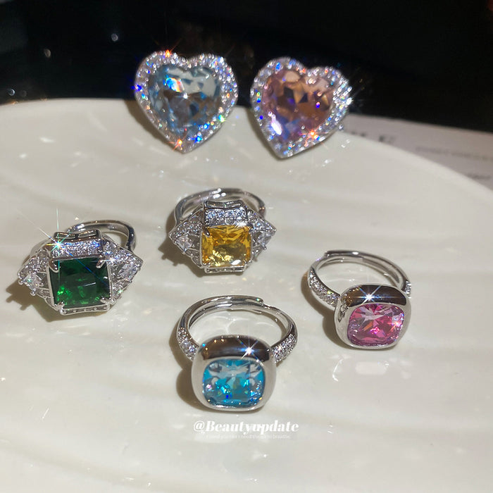 Silver Open Large CZ Cocktail Rings Seven Color Styles