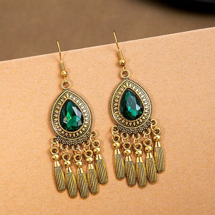 Nine Antique Gold Colored Stone Tassel Hook Earrings