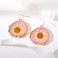 Gold Tone Irregular Pressed Daisy Resin Hook Earrings in Five Colors view 5