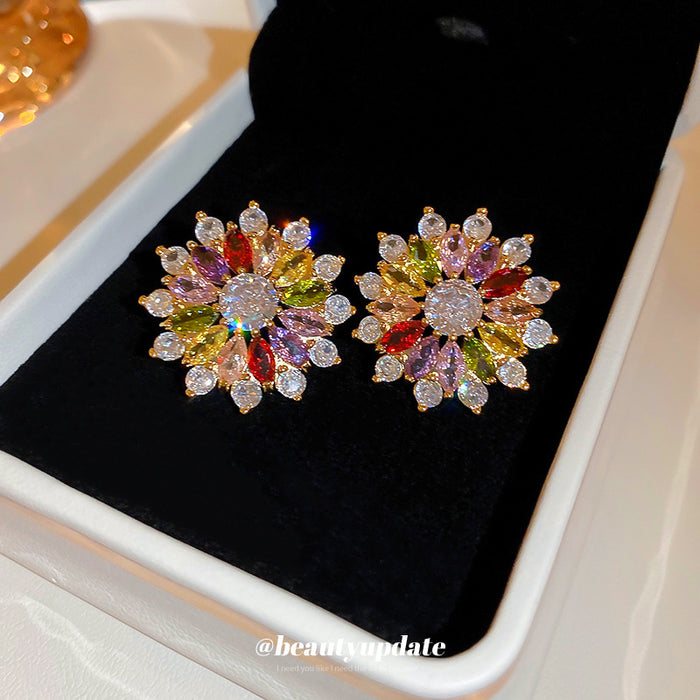 Multicolor Crystal Flower Cluster Statement Stud Earrings