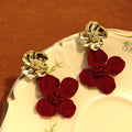 Burgundy Flocked Flower Gold Rose Statement Stud Earrings view 3