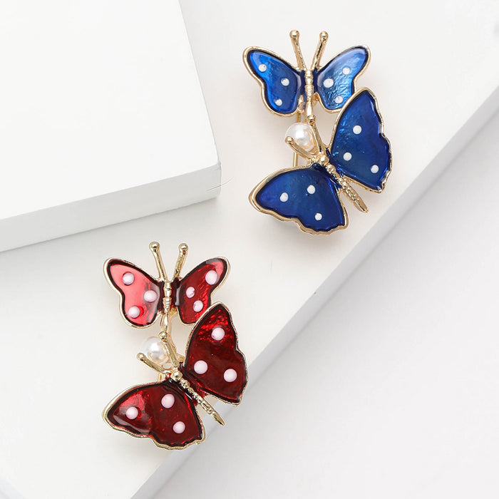 Two Butterfly Enamel Brooch With Pearl Link in Blue or Red