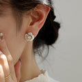 Layered Camellia Stud Earrings With Faux Pearl Centers view 3