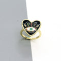 Gold Tone Heart Multicolor Crystal Evil Eye Adjustable Rings in Three Colors view 3