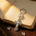 Pearl Cluster Ornate Silver Tone Cross Keychain and Attached Hardware view 4