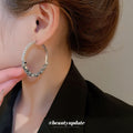 Silver Tone Crystal Geometric Textured Hoop Earrings view 3