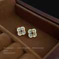Gold Enamel Four-Petal Stud Earrings Turquoise White Accents view 4