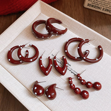 Glossy Burgundy Geometric Resin Hoop and Drop Stud Earrings