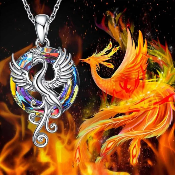 Silver Phoenix Pendant Multicolor Crystal Disc Necklace