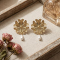Gold Layered Open Flower and Pearl Look Drop Earrings view 2
