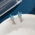 Blue Enamel Flower Stud Earrings Dual Crystal Dangles view 4