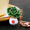 Jeweled Bok Choy Keychain with Green Enamel and White Fortune Drop view 1