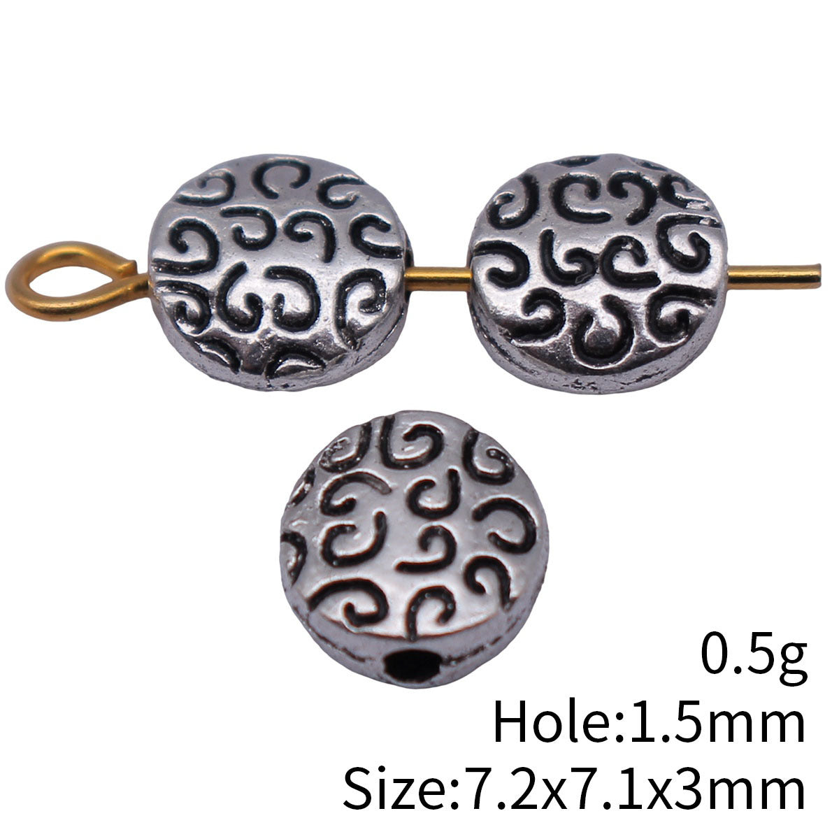 7.2x7.1x3mm 0.5g Antique Silver Zinc Alloy Engraved Round Loose Metal Beads for Bracelet Jewelry Making