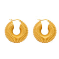 Gold Ribbed Threaded Disc Hinge Hoop Earrings Pair view 5