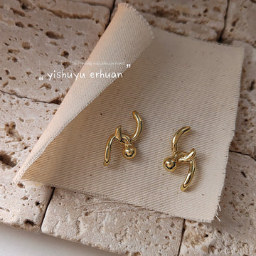 Geometric Twisted Metal Ball Stud Earrings Gold Silver