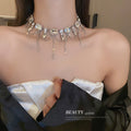 Silver Tone Crystal Rhinestone Tassel Choker Statement Necklace view 1