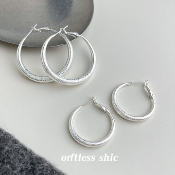 Silver Frosted Matte Thick Tube Hoop Earrings Two Sizes