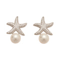 Silver Starfish and Pearl Stud Earrings with Crystal Texture view 5