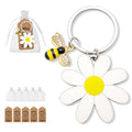 White Daisy Wood Flower Bee Rhinestone Keychain Silver Ring view 2