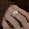 Silver And Gold Tone Leaf Texture Pink Cat Eye Stone Open Ring view 2