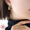 Green Enamel Mini Hoop Earrings With Clear Teardrop Zircon view 3