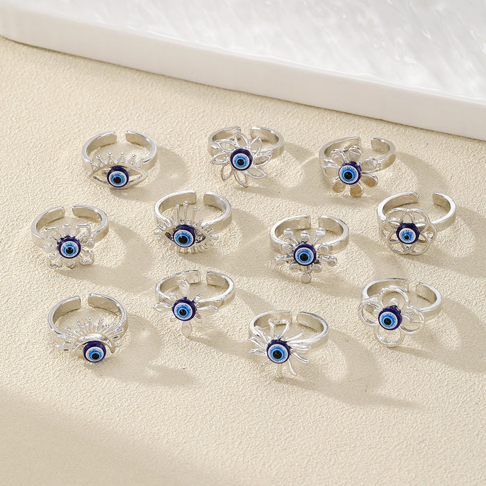 Silver Evil Eye Open Rings Blue Glass Bead 11 Design Styles