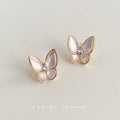 Gold Tone White Pearlescent Butterfly Wing Clear Stone Stud Earrings view 3