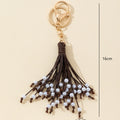 Brown Leather Cord Tassel Keychain With Faux Pearl Beads view 6