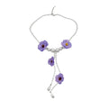 Purple Flower Pearl Lariat Necklace with White Beads and Long Drop view 5